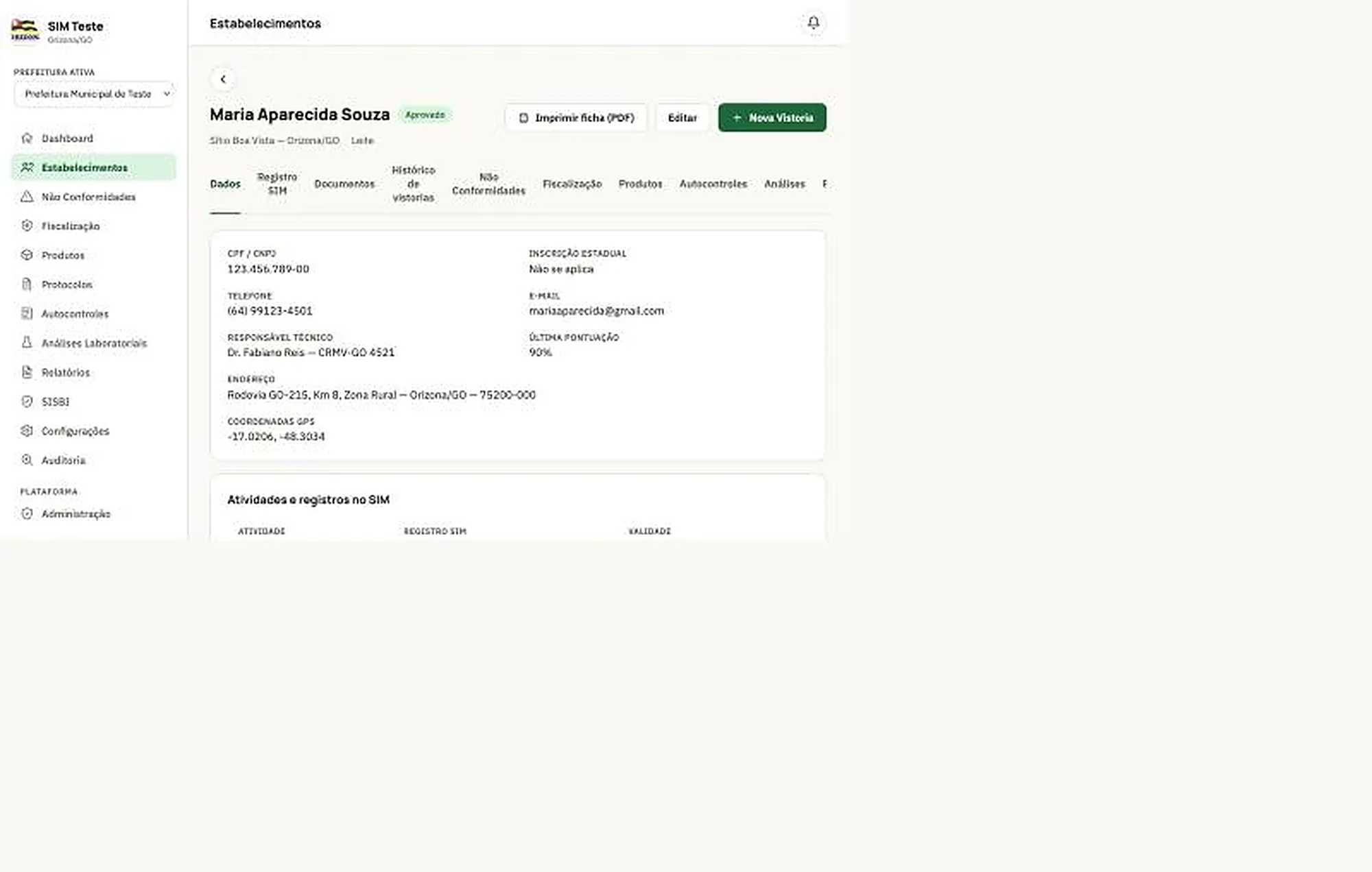 Ficha de detalhe do produtor no Gestão SIM