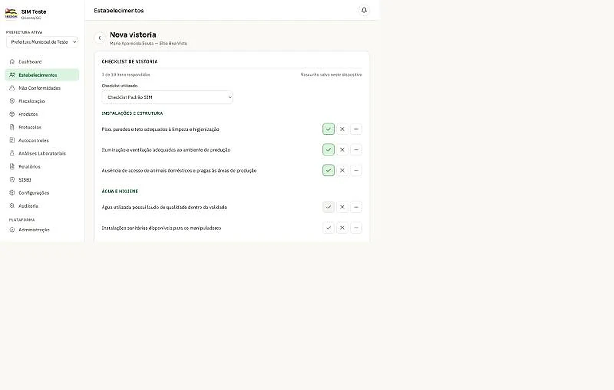 Tela de checklist de nova vistoria do Gestão SIM
